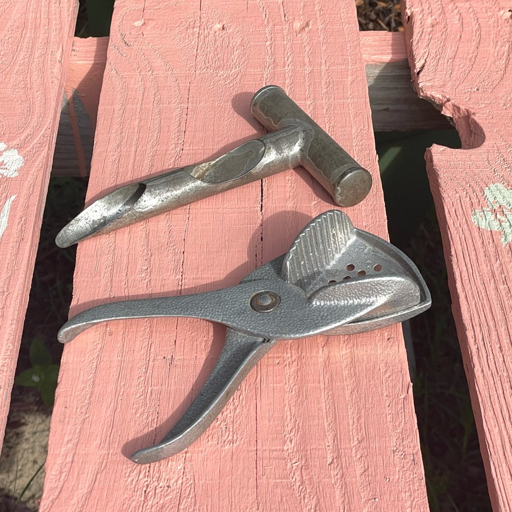 Vintage Metal Kitchen Tools Cast Iron Citrus Squeezer & Tin Apple Corer
